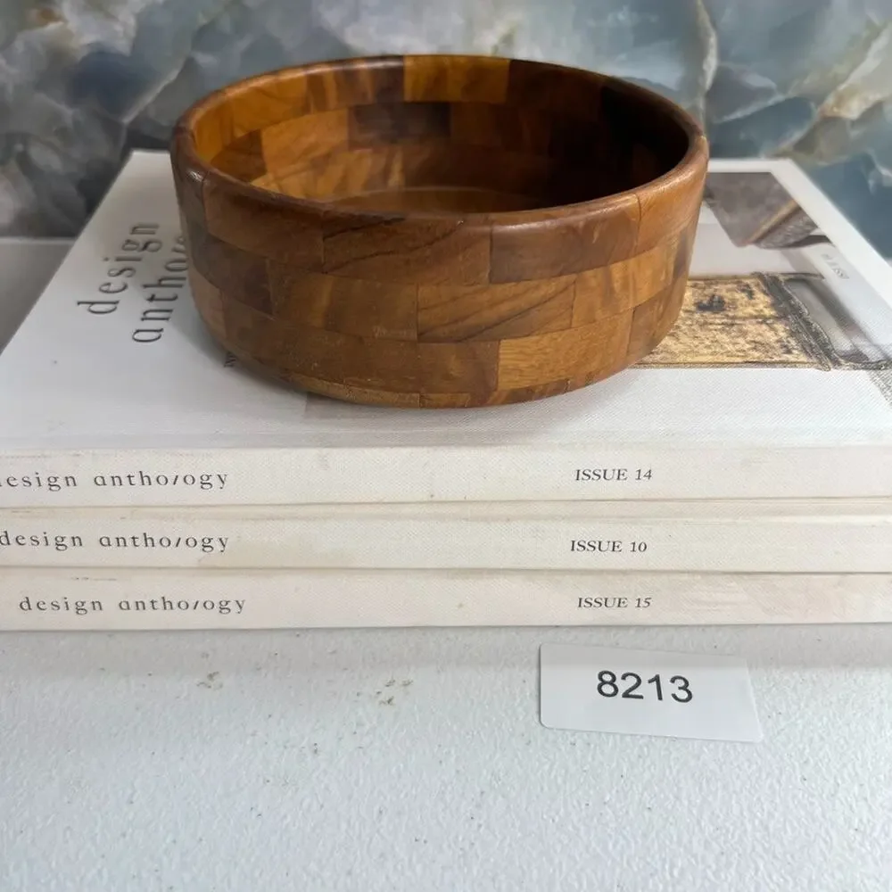 Vintage Segmented Teak Wood Serving Fruit Bowl Felt Bottom 5.25
